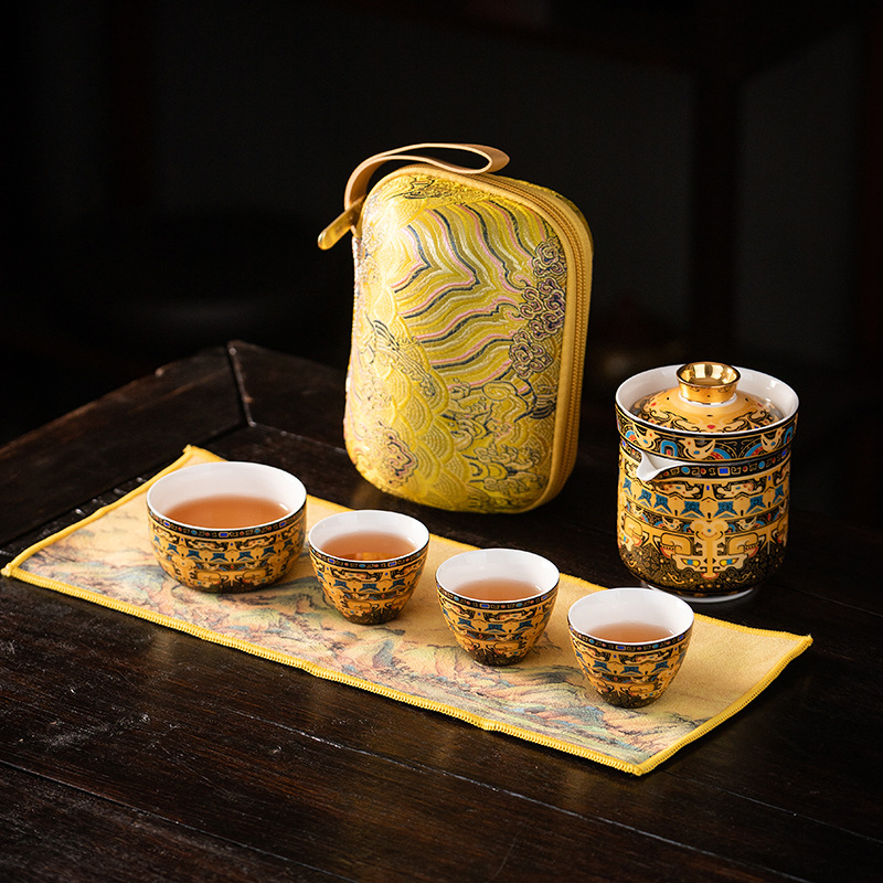 Bộ trà du lịch di động Thangka mới có thể xoay cốc khách nhanh bằng gốm sứ để đựng bộ trà di động ngoài trời làm quà tặng