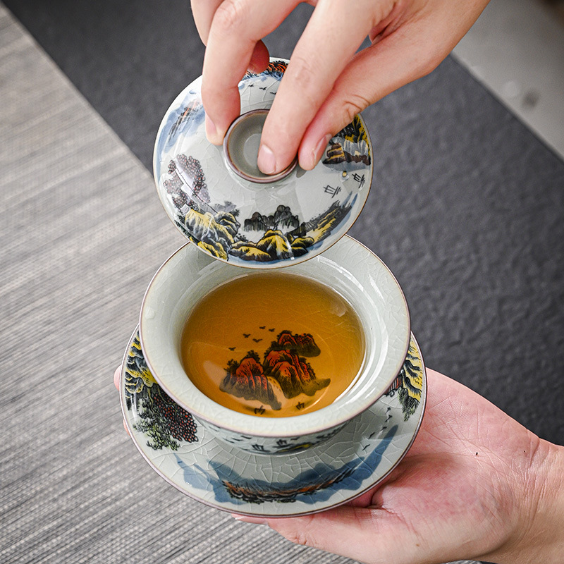 Jingdezhen màu xanh và trắng gốm sứ ba tài năng cốc trà bộ trà một bộ trà Kung Fu cao cấp bán buôn bát pha trà có nắp