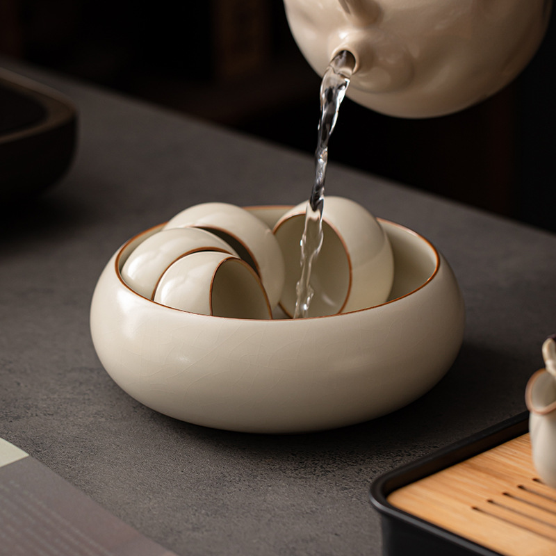 Gạt trà tròn màu be Ru Kiln Gạt trà dung tích lớn Gạt nước thải đựng bát trà lớn Gạt trà cốc đựng trà gia dụng Gạt trà