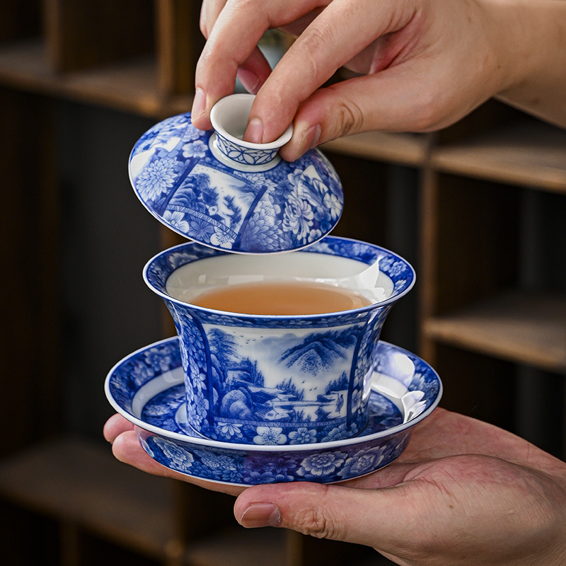 Jingdezhen màu xanh và trắng sứ pha trà có nắp, ba chiếc cốc trà cao cấp đơn cao cấp, bộ trà Kung Fu, bán buôn gốm sứ chống bỏng