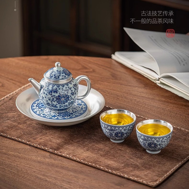 Bộ ấm trà Kung Fu mạ bạc hoa sen xanh trắng cao cấp tặng cha mẹ, người lớn tuổi, giáo viên và quà tặng sinh nhật tân gia