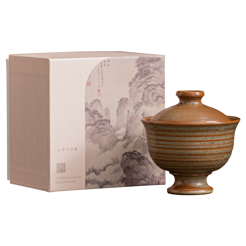 Bát đựng trà bằng đất đá cũ tráng men hai nắp phong cách Trung Quốc cổ điển gốm thô cũ bằng đất sét đá cũ hộp quà bộ trà kungfu gia dụng