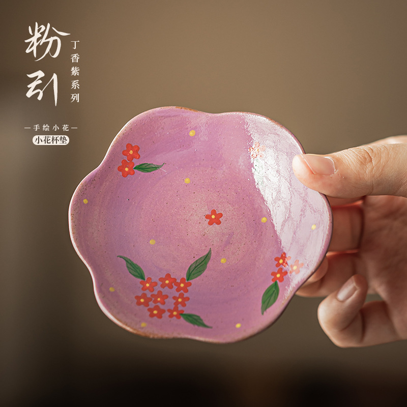 Lót cốc gốm hoa nhỏ vẽ tay màu tím tử đinh hương màu hồng khay trà kiểu Trung Quốc khay tách trà đệm cách nhiệt phụ kiện trà đạo
