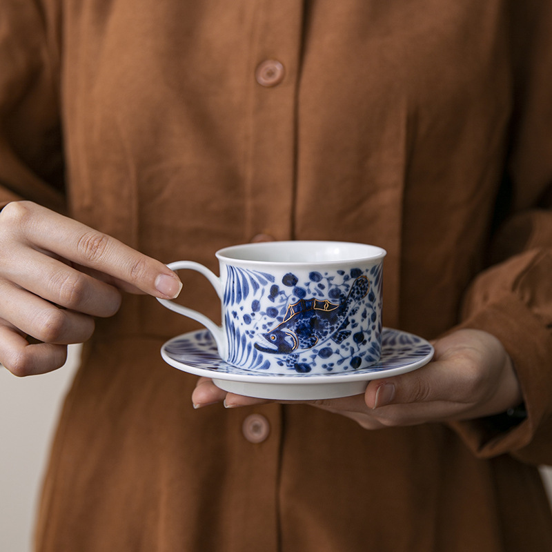 Cốc cà phê xanh trắng cốc gốm sứ tinh xảo cao cấp cốc chủ nhân nữ cốc trà gia dụng bộ đĩa cốc cổ điển