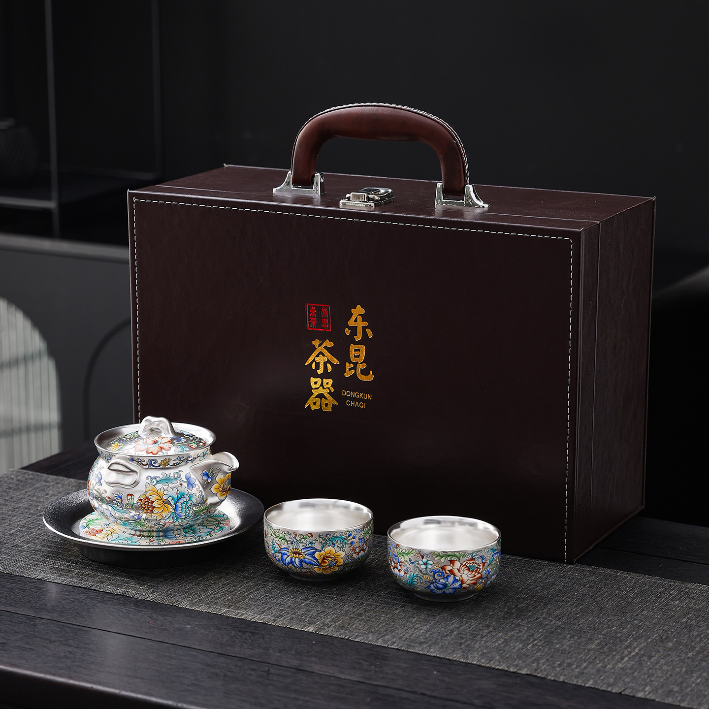 Bộ ấm chén bạc sterling mạ vàng, tráng men, họa tiết chỉ vàng, họa tiết rồng phượng, quà tặng sáng tạo