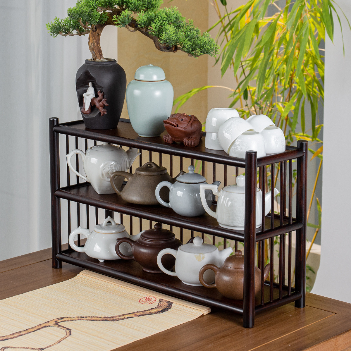 Guanlan tre để bàn Bogu khung trà tử sa Hộp đựng trà Bộ trà Bộ trà Bộ trà Bộ trà Bộ hai lớp gỗ rắn