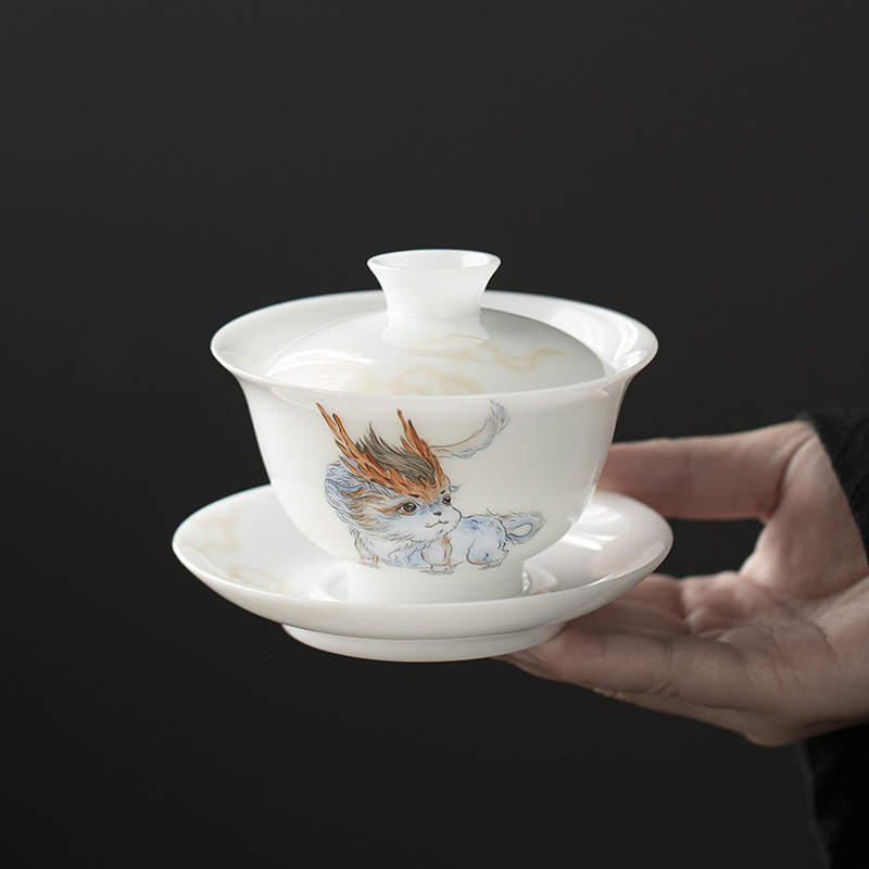 Đá loại ngọc sứ vẽ tay Sơn Hải Kinh Tam tài có nắp bát trà bát trà lớn gia dụng không nóng bát trà cốc trà