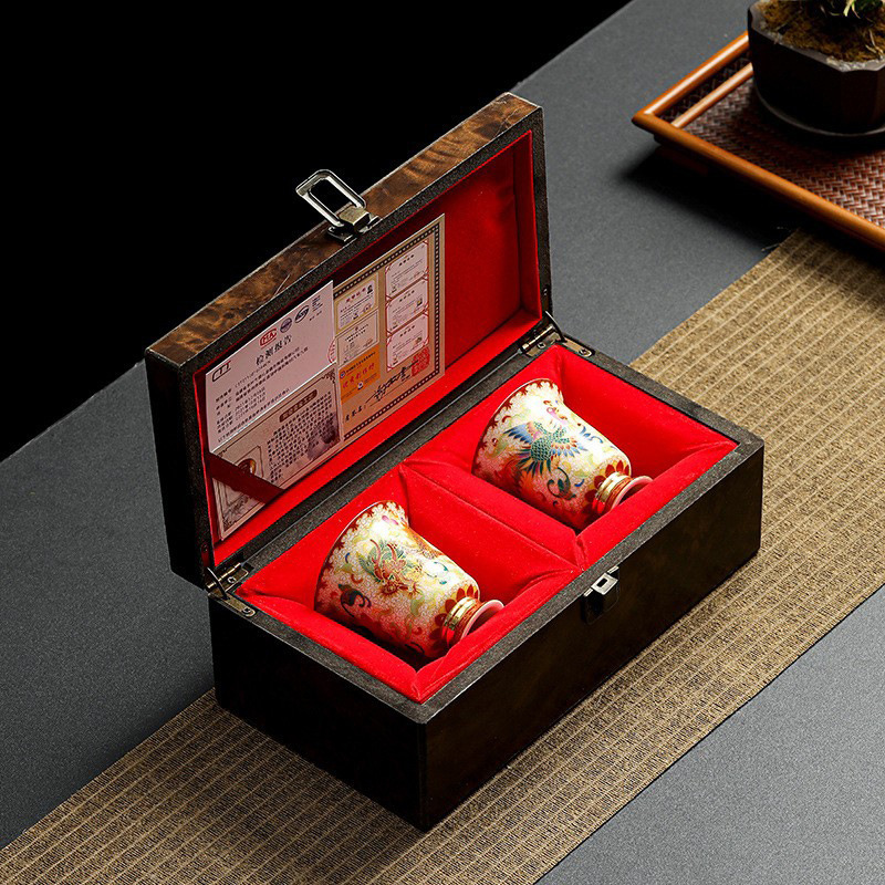 Cốc trà rồng phượng màu men cốc chủ nhân cốc trà gốm sứ mạ vàng chén trà chén trà bát trà cặp trà quà lưu niệm cao cấp