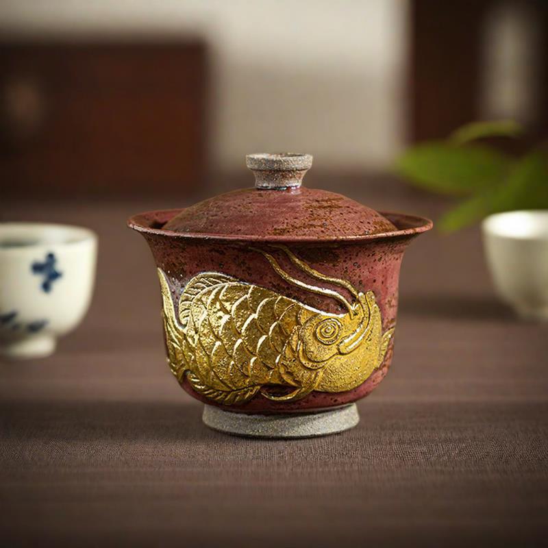 Bát có nắp, bát pha trà gốm thô kiểu Nhật thủ công, bộ trà gia dụng sáng tạo, cốc có nắp, cá rồng vàng, trà màu đỏ rượu