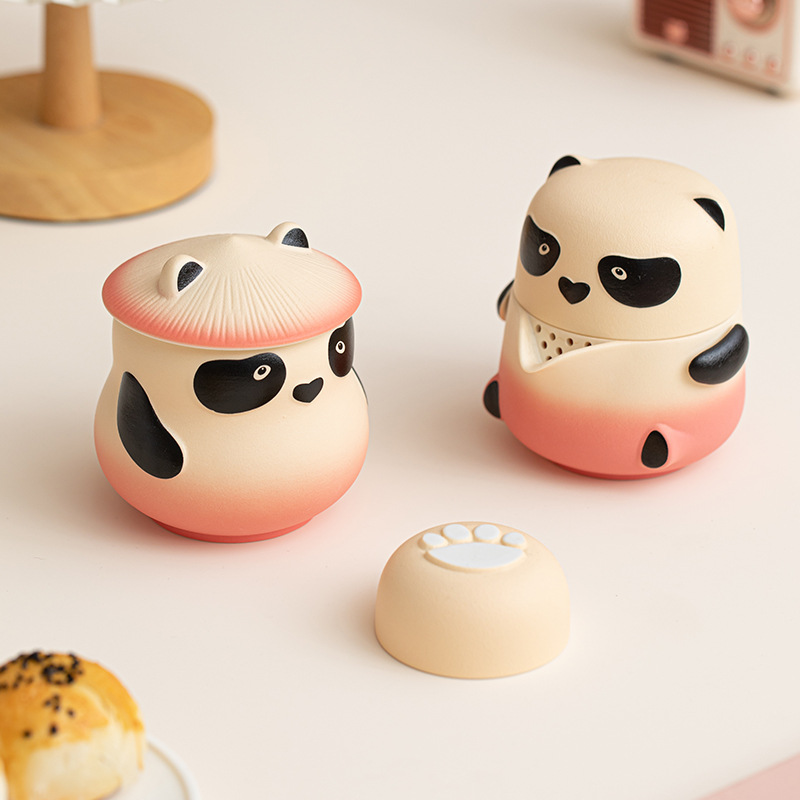 Bộ hộp quà tặng Panda Fubao, cốc khách nhanh hoạt hình, bộ trà gốm sứ cầm tay một bình hai cốc, bộ trà kung fu ngoài trời