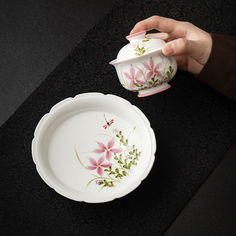 Cốc trà có nắp cao cấp, bát trà chuồn chuồn hoa cúc vẽ tay, bát trà gốm sứ gia dụng kiểu Trung Quốc có nắp, dụng cụ pha trà chống bỏng