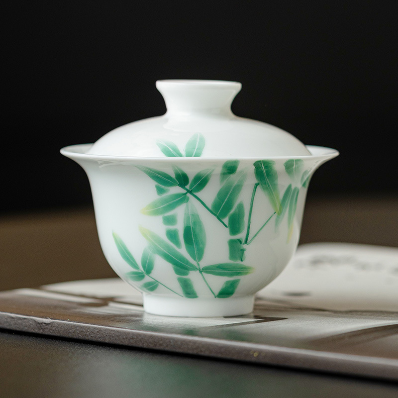 Bát trà lớn màu xám thực vật có nắp vẽ tay Lễ hội thời gian cao mưa có nắp chén trà dụng cụ trà kungfu gia dụng không nóng tay