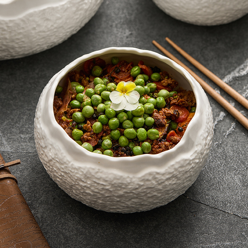 Bát gốm hoa văn đá Bát canh gia dụng Bát mì Bộ đồ ăn khách sạn cao cấp Bát sáng tạo Bát salad trái cây hình trống