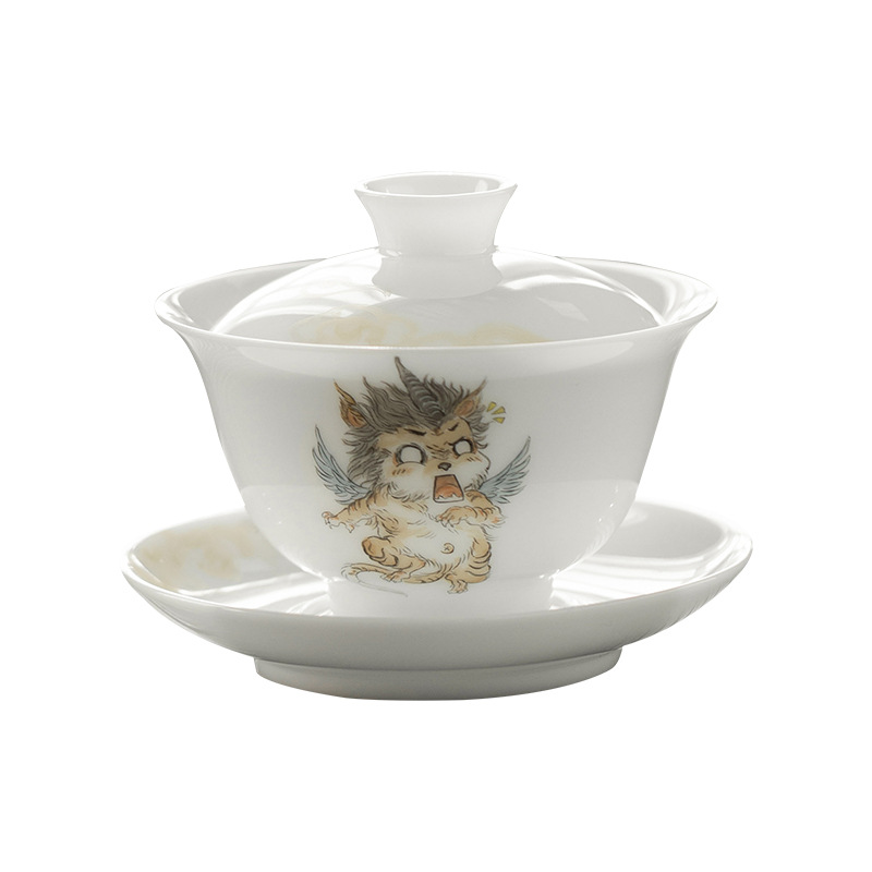 Đá loại ngọc sứ vẽ tay Sơn Hải Kinh Tam tài có nắp bát trà bát trà lớn gia dụng không nóng bát trà cốc trà