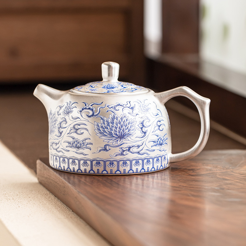 Ấm trà mạ bạc 999 ấm trà hàng rào sen từng bước gia dụng bằng gốm sứ dụng cụ trà Kung Fu gia dụng quà tặng