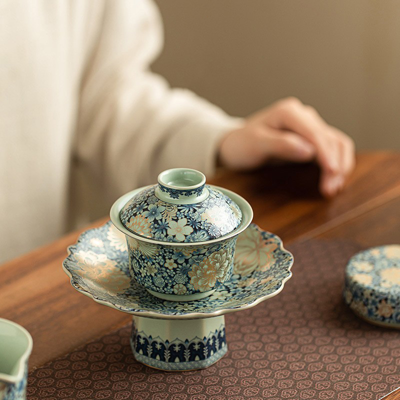Bát nắp tam tài hoa văn gốm sứ gia dụng phong cách Trung Quốc cổ điển bộ trà sứ bát sứ đồ pha trà lớn màu xanh và trắng