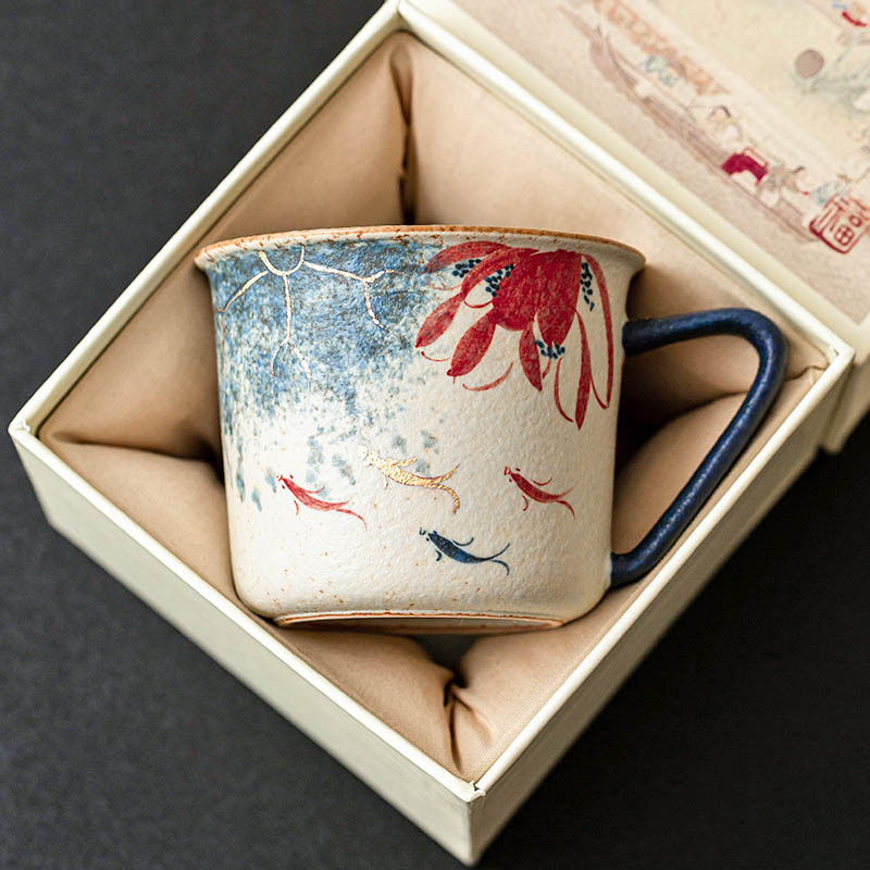 Nhà máy màu xanh và trắng đá lửa cốc cà phê gốm sứ đỏ chạm khắc vàng vẽ tay vần sen Koi latte cốc trà chiều cốc nước
