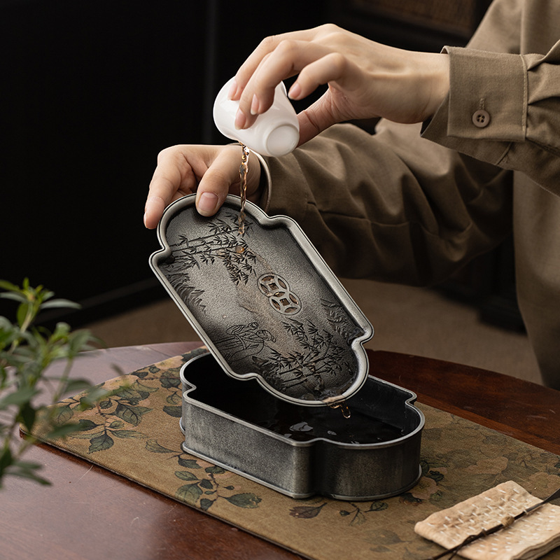 Bình hợp kim cổ điển kiểu Nhật, khay pha khô cũ, khay pha trà, khay đựng cốc trà, khay chứa nước trà đạo, khay rửa bình