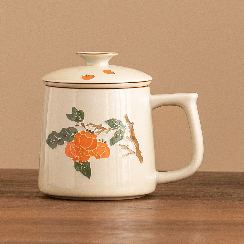 Cốc gốm sứ cao cấp có nắp, ngăn xếp bằng tay tinh khiết, hồng, hồng, trà Ruyi, cốc tách nước, cốc nước văn phòng, chống bỏng