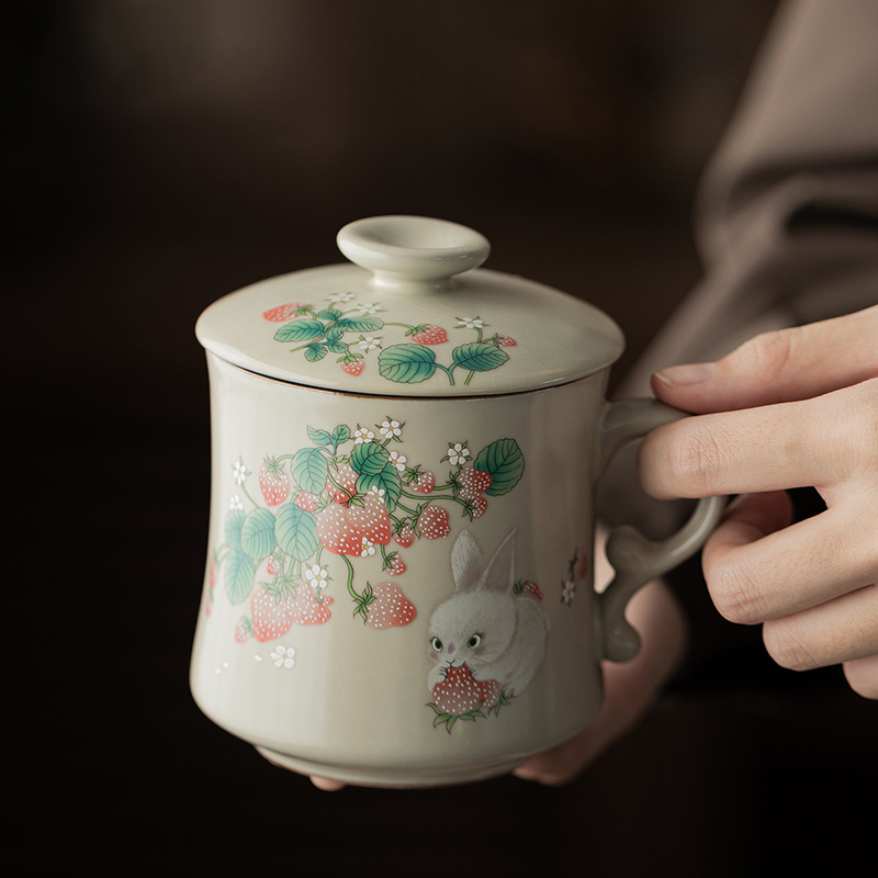 Ruyao Dâu Thỏ Trăng Lưỡi Liềm Cốc Nước Cốc Sứ Văn Phòng Có Nắp Hộ Gia Đình Công Suất Lớn Lọc Trà