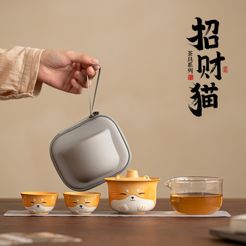 Bộ trà du lịch gốm sứ mèo may mắn