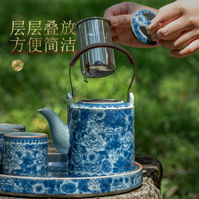 Bộ ấm chén trà gốm sứ cổ điển, men nứt, dung tích lớn, dùng cho gia đình, đựng nước lạnh.