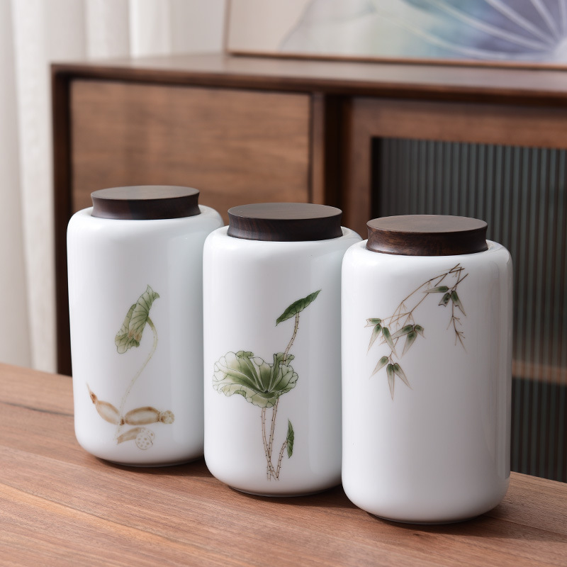 Hộp đựng trà sứ trắng vẽ tay, hộp đựng trà hoa gia dụng Pu'er, hộp đựng gỗ đàn hương đen, hộp chống ẩm, bán buôn gốm sứ cỡ lớn