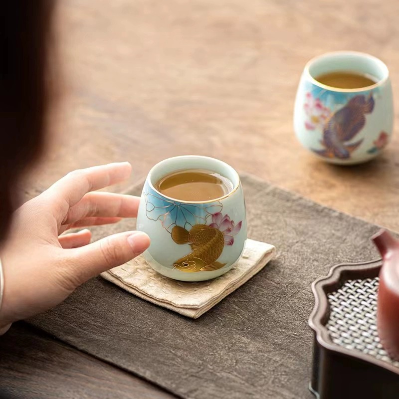 Cá Rồng Vàng Jiqing còn hơn đôi cốc, cốc chủ nhân cao cấp, hộp quà, cốc trà sản phẩm rồng vàng giàu có, cốc trà quà tặng bộ sưu tập