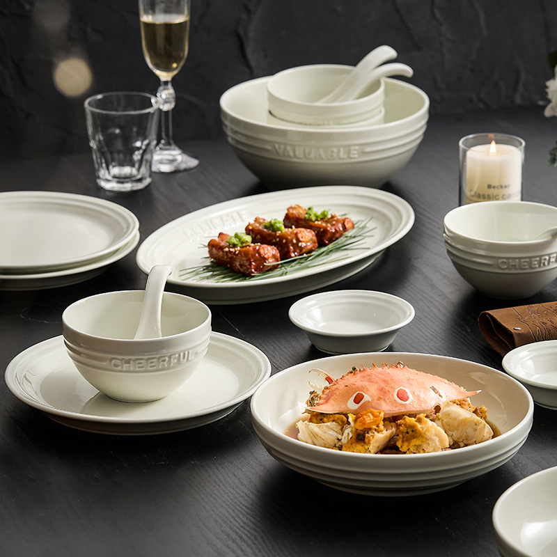 Bộ đồ ăn gốm trắng truffle đĩa cá bát cơm gia dụng bát súp đơn giản bộ món ăn cao cấp