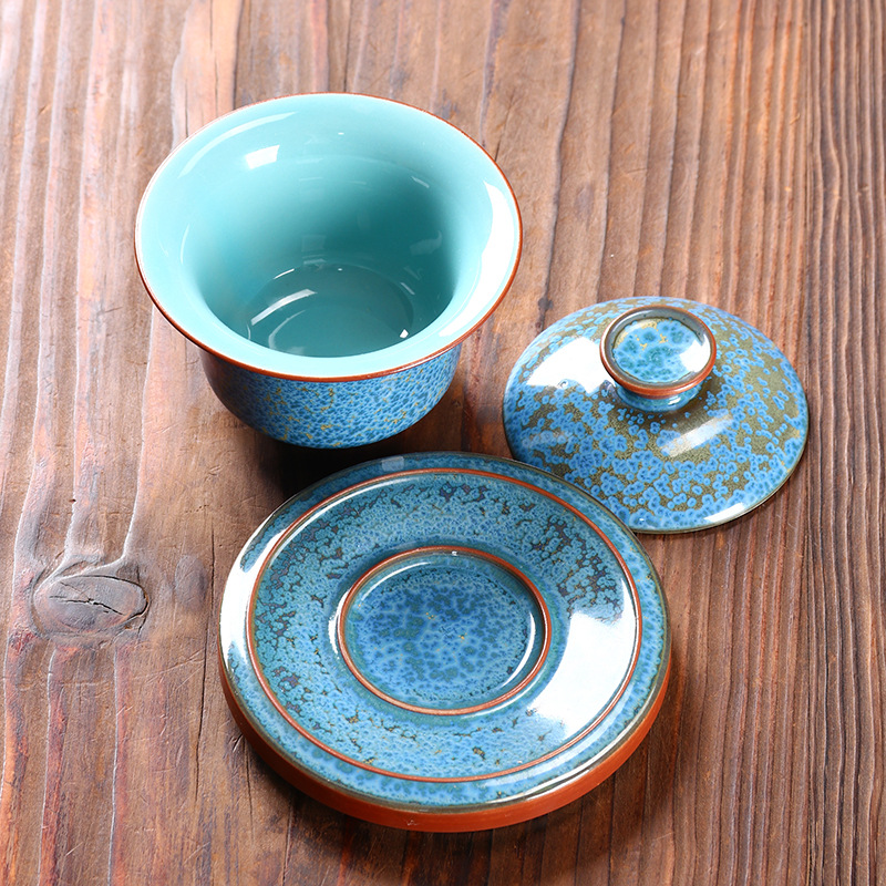 Bát có nắp sứ Jun biến lò nung nổi ngọc xanh lam dụng cụ pha trà gốm sứ tam tài bát trà cao cấp làm bằng tay bát có nắp cỡ lớn bán buôn