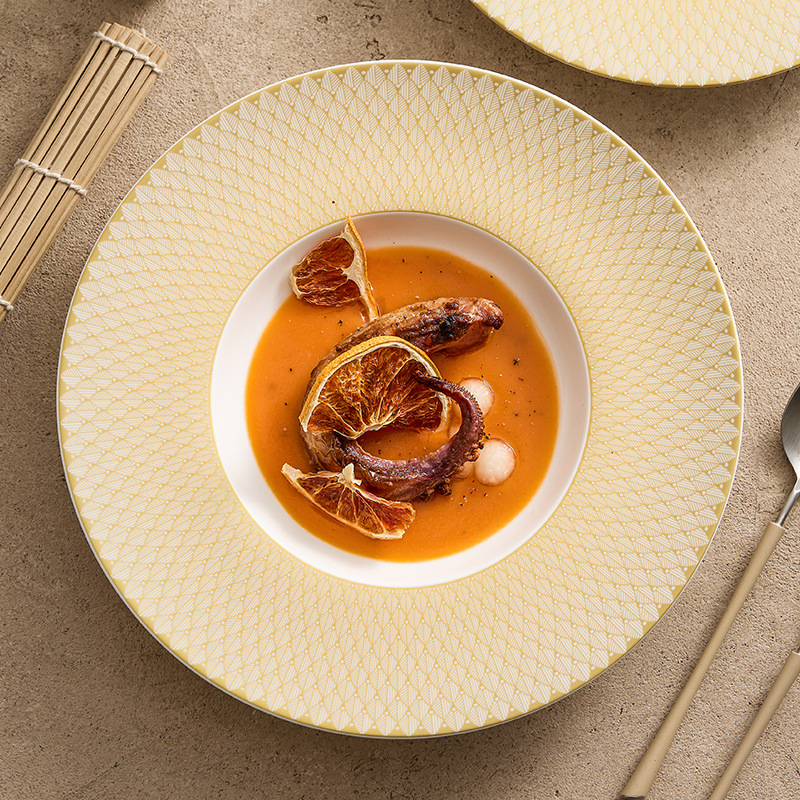 Đĩa mũ rơm gốm vàng Renaissance Đĩa gia dụng Đĩa salad trái cây cao cấp Đĩa ăn phương Tây Đĩa mì Ý nhà hàng