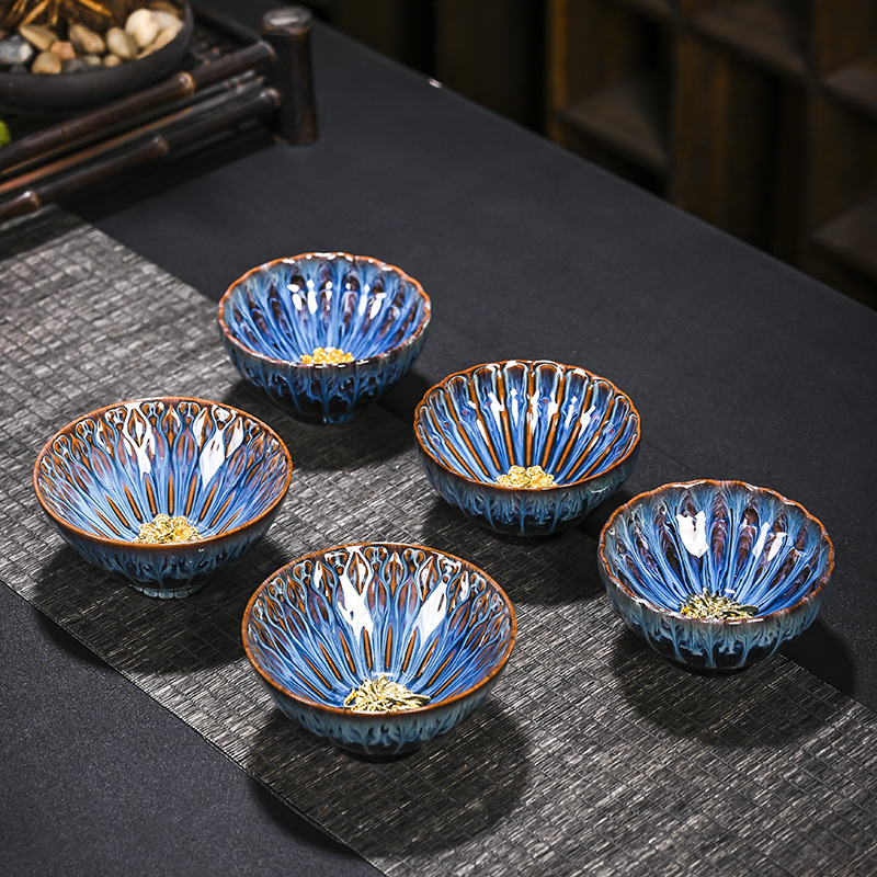 Cốc chủ nhân bằng bạc dát lò nung, cốc trà gốm sứ mạ vàng, bộ trà, chén trà, bát trà đơn, chén trà Kung Fu gia dụng, chén xây