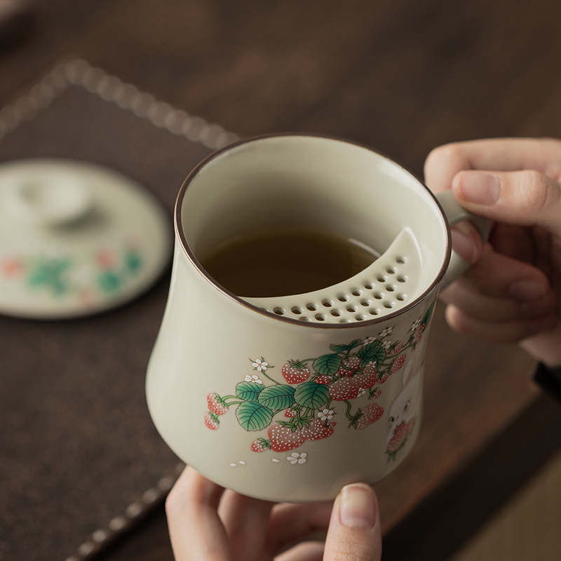 Ruyao Dâu Thỏ Trăng Lưỡi Liềm Cốc Nước Cốc Sứ Văn Phòng Có Nắp Hộ Gia Đình Công Suất Lớn Lọc Trà