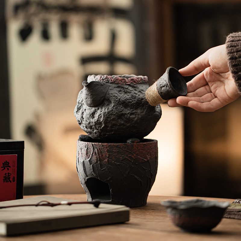 Bộ ấm trà ấm đá cổ điển bùn đá cổ lọ tay cầm bên ấm trà đun trà dung tích lớn nến đèn cồn đế ấm trà