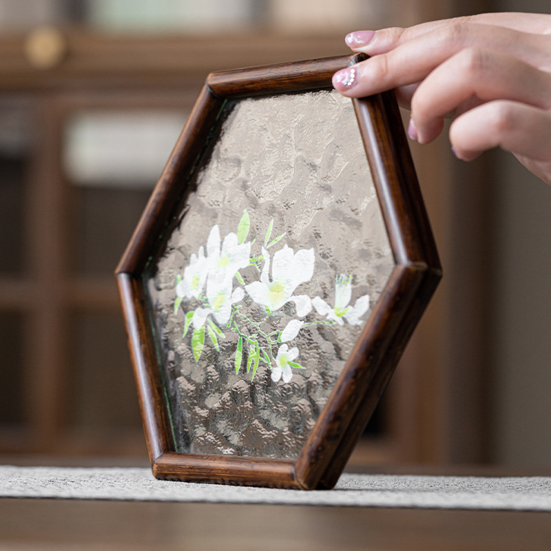 Ấm hình lục giác thủy tinh vân nước bàn trà thủy tinh gỗ óc chó gia dụng bàn trà nhỏ kiểu Nhật tấm lót cốc bàn pha khô