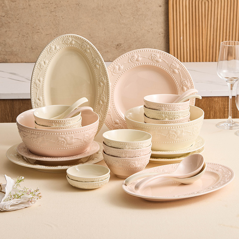 Bộ bát chạm nổi Bộ bát đĩa tráng men màu Bộ bát đĩa gốm sứ sáng tạo giá trị cao