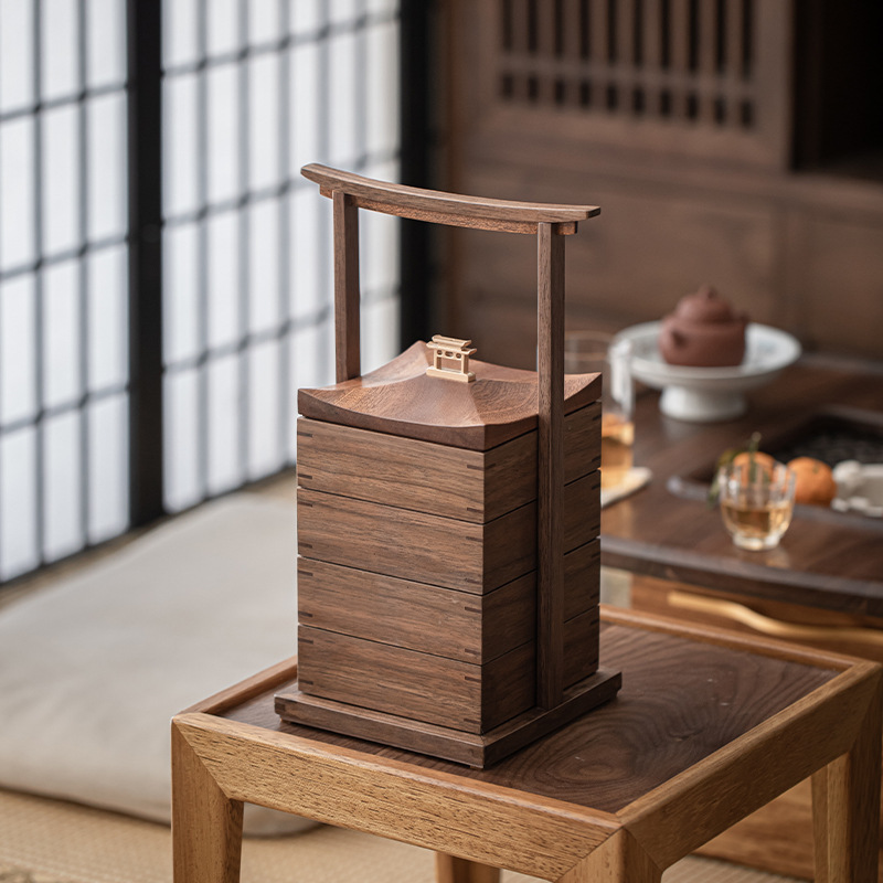 Hộp cầm tay để bàn gỗ óc chó đen, đĩa Hạt, đồ ăn nhẹ, bánh ngọt ngoài trời, hộp lưu trữ di động, kệ nhiều lớp sáng tạo