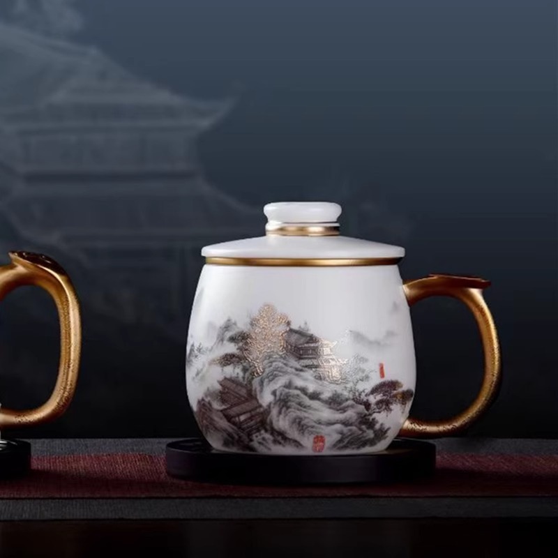 Cốc văn phòng bằng sứ ngọc bích Suyuan cốc pha trà bằng sứ mạ vàng cao cấp cốc pha trà tách nước quà tặng cốc nước quà tặng