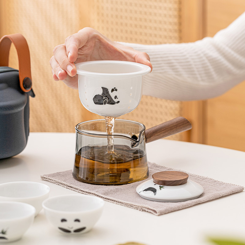 Panda gốm sứ cốc khách nhanh một ấm Ba cốc có túi xách tay Cắm Trại Ngoài trời di động Bên tay cầm Bộ trà du lịch