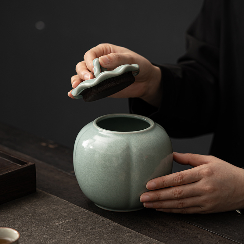 Hộp đựng trà, lọ đựng trà bằng gốm sứ kín, họa tiết vân nứt Zen wing của lò Ru, hộp đựng trà đặc biệt dành cho trà đen và trà đá.
