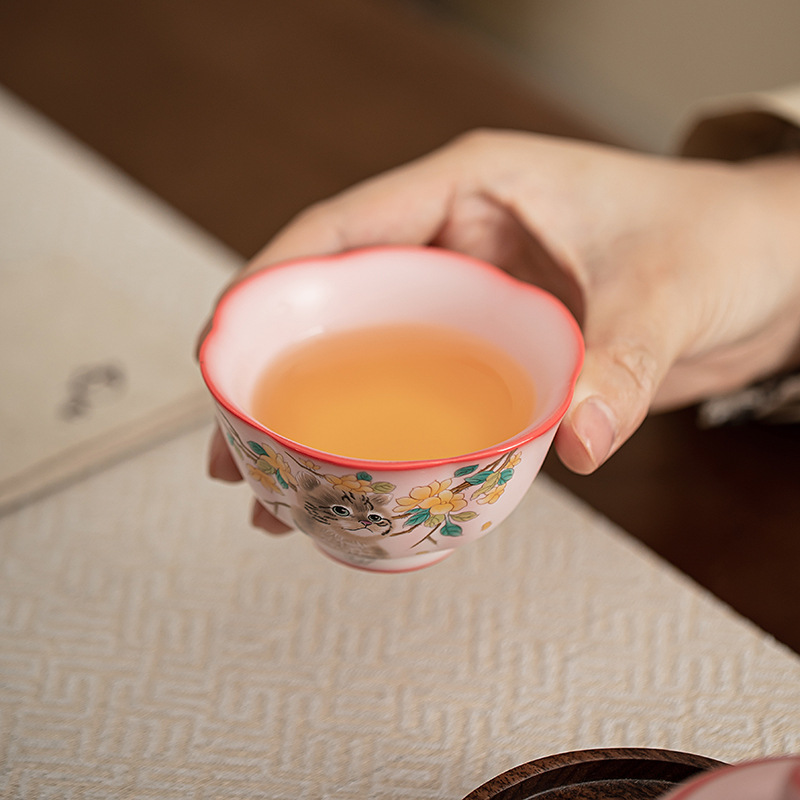 Mỡ lợn đông lạnh hoa vàng cốc cánh hoa mèo cốc chủ nhân cốc trà gốm sứ đơn cốc công phu Bộ trà cốc trà nhỏ hộp quà chén trà