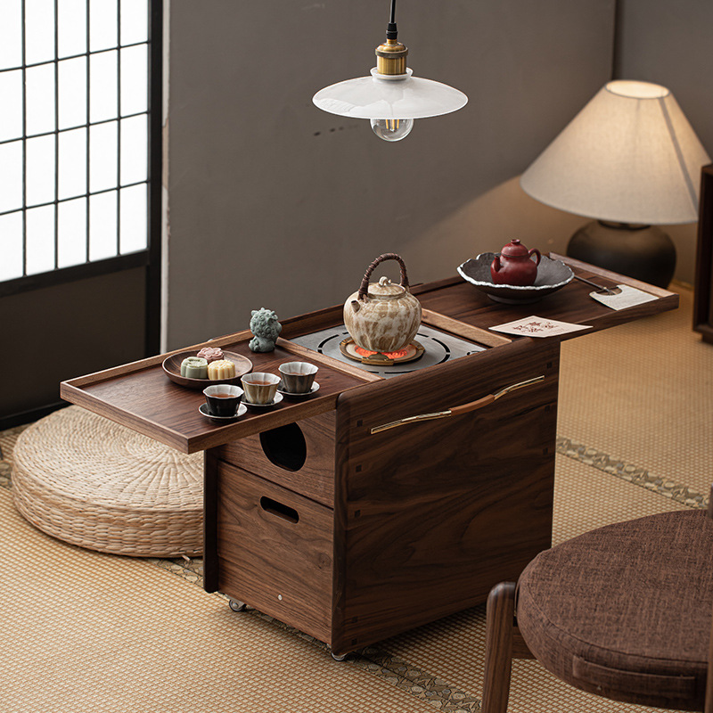 Phong cách Trung Quốc mới Bắc Mỹ gỗ óc chó nướng than quanh bếp nấu trà bàn trà phòng trà tatami gia dụng tủ lưu trữ bàn trà bát lửa