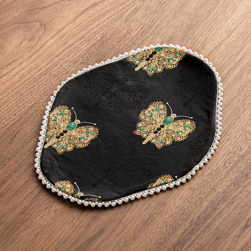 Thảm trà thổ cẩm vàng đen bướm khăn trà vải thủ công chống bỏng cách nhiệt bàn thảm hai mặt thảm trà trà phụ kiện