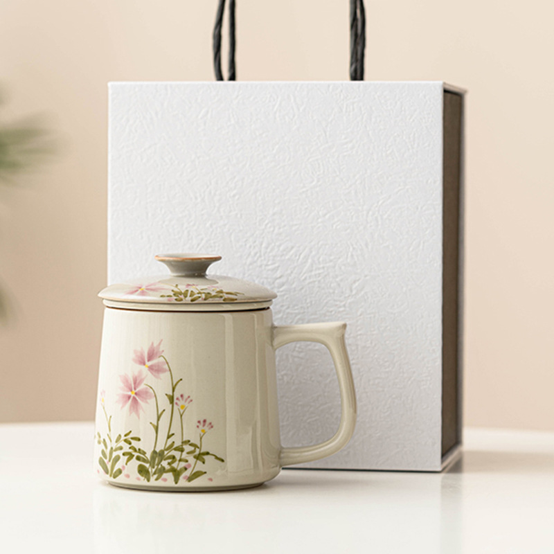 Vẽ tay hoa cúc nhỏ tách trà nước tách trà Bộ trà gốm sứ có nắp Cốc văn phòng LOGO công ty