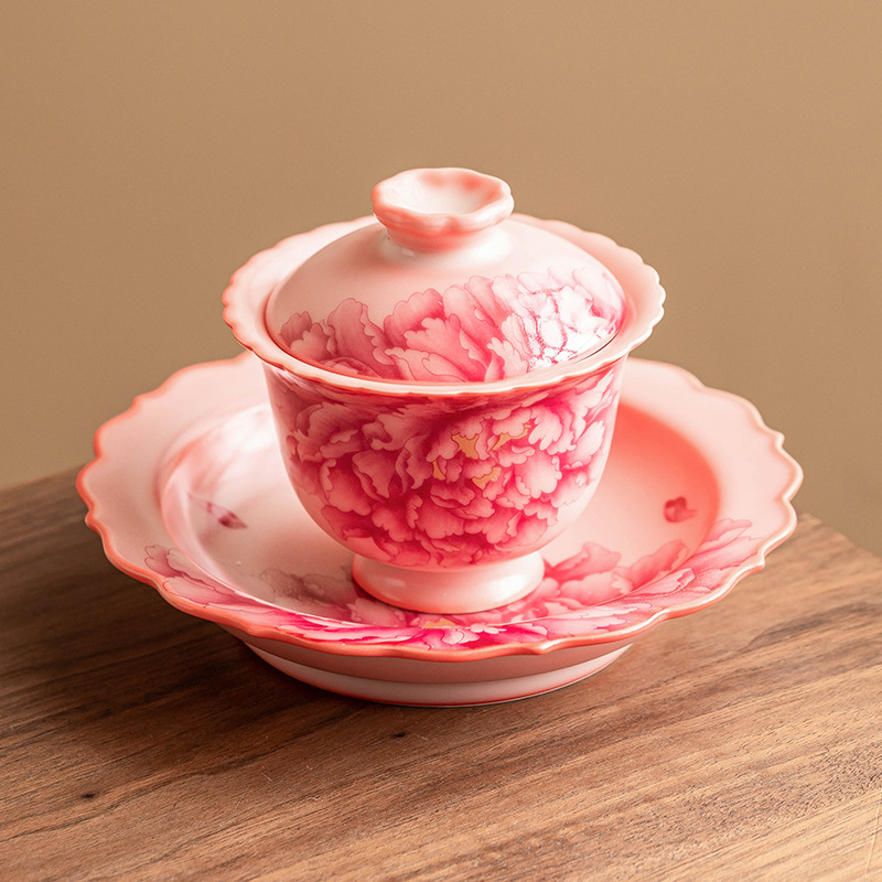 Cốc trà có nắp Sancai màu đỏ quốc gia bát trà hoa mẫu đơn pha trà bộ trà gia dụng văn phòng giá trị cao cho nữ