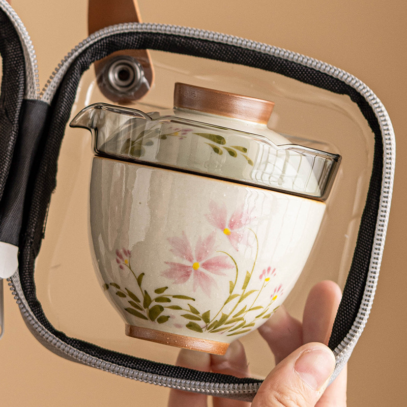 Vẽ tay hoa cúc nhỏ cốc khách nhanh gốm sứ ngoài trời một bình Hai cốc Bộ trà du lịch ấm trà Di động Túi du lịch