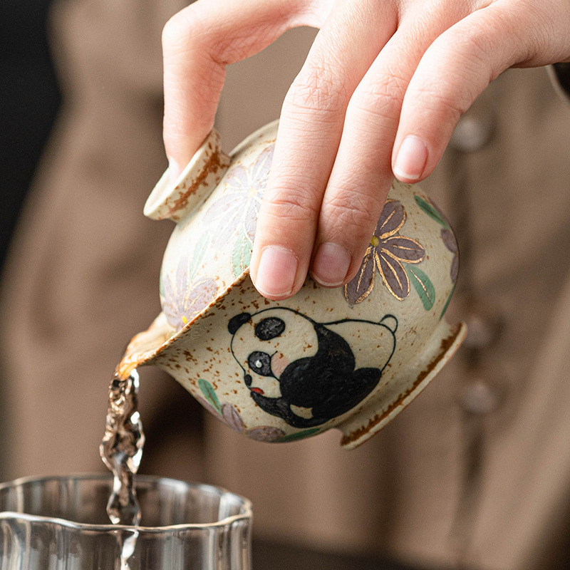 Màu xanh và trắng, đá lửa đỏ, bát có nắp, bát trà hoa cúc vẽ tay gấu trúc, bát pha trà cao cấp gia dụng có nắp, cốc trà