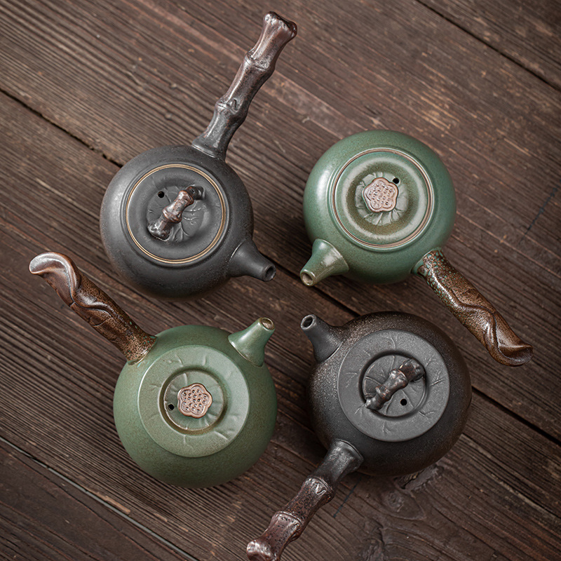 Ấm tay cầm bên bằng sắt mạ vàng kiểu Nhật ấm trà tay cầm ngang đơn gốm sứ gia dụng cổ điển ấm trà nhỏ Bộ trà Kung Fu dụng cụ pha trà