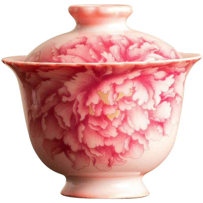 Cốc trà có nắp Sancai màu đỏ quốc gia bát trà hoa mẫu đơn pha trà bộ trà gia dụng văn phòng giá trị cao cho nữ