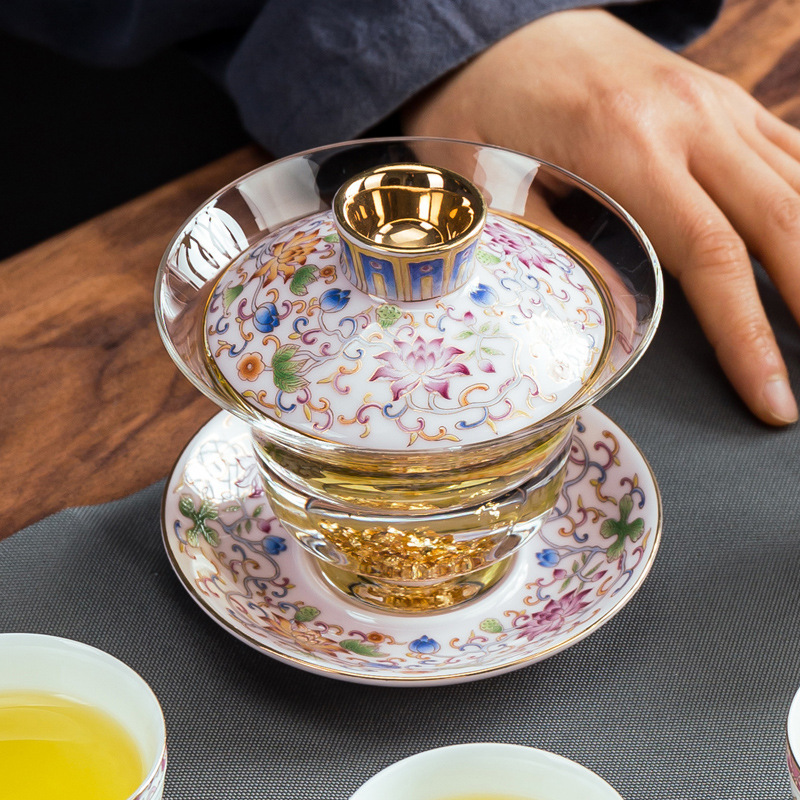 Bát có nắp tam tài bằng kính sơn men, bát trà cỡ lớn, cốc pha trà, dụng cụ pha trà Kung Fu, bát trà, bát trà